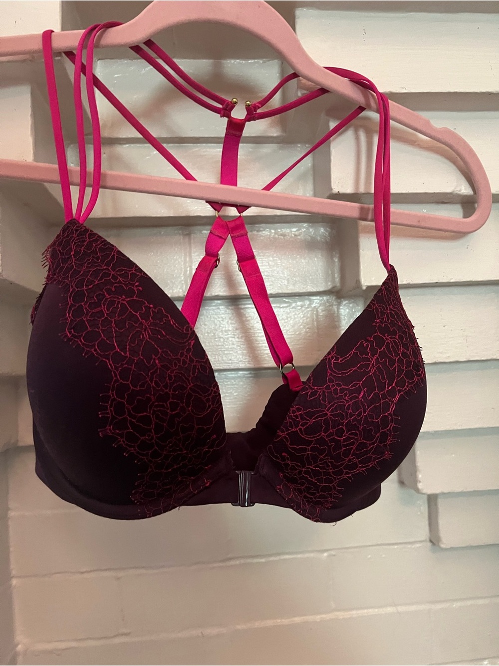 VS Plunge Lace-Trim Push-Up Bra in Dark Plum and Fuchsia 32DD